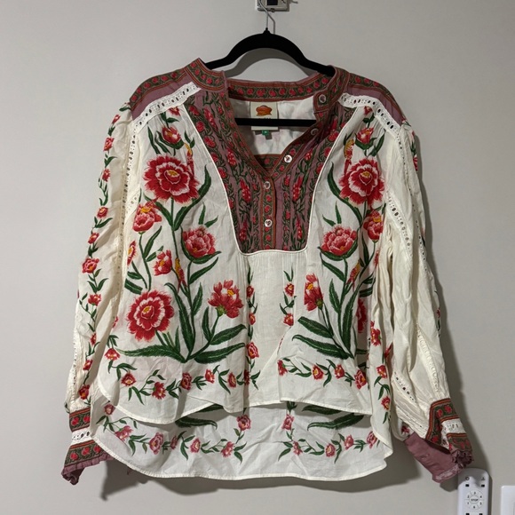 Farm Rio Off-White Ainika Delicate Blouse Embroidered Women’s Size M Eyelet - Picture 2 of 11